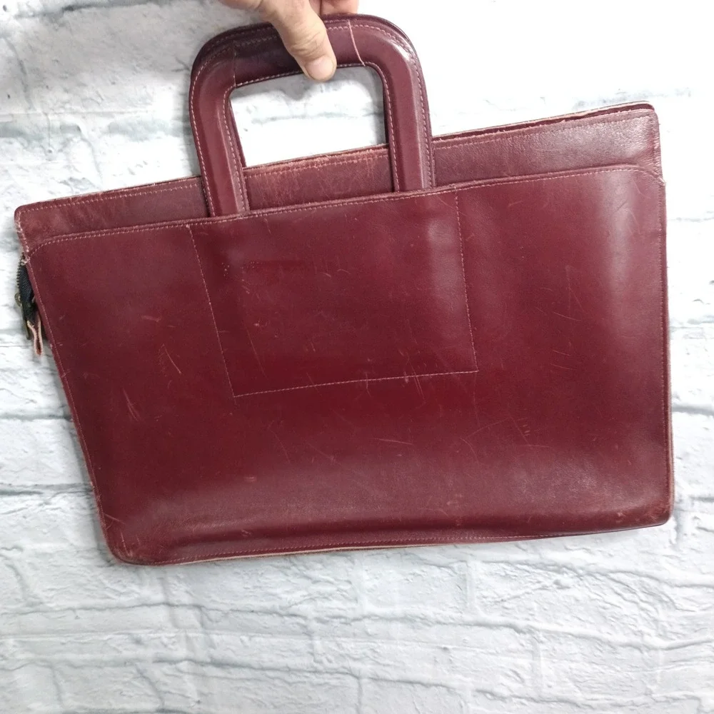 Vintage Burgundy Leather Slim Briefcase Portfolio Document Carrier Bag s9